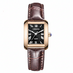Wristwatch with brown leather strap and black dial on a white background