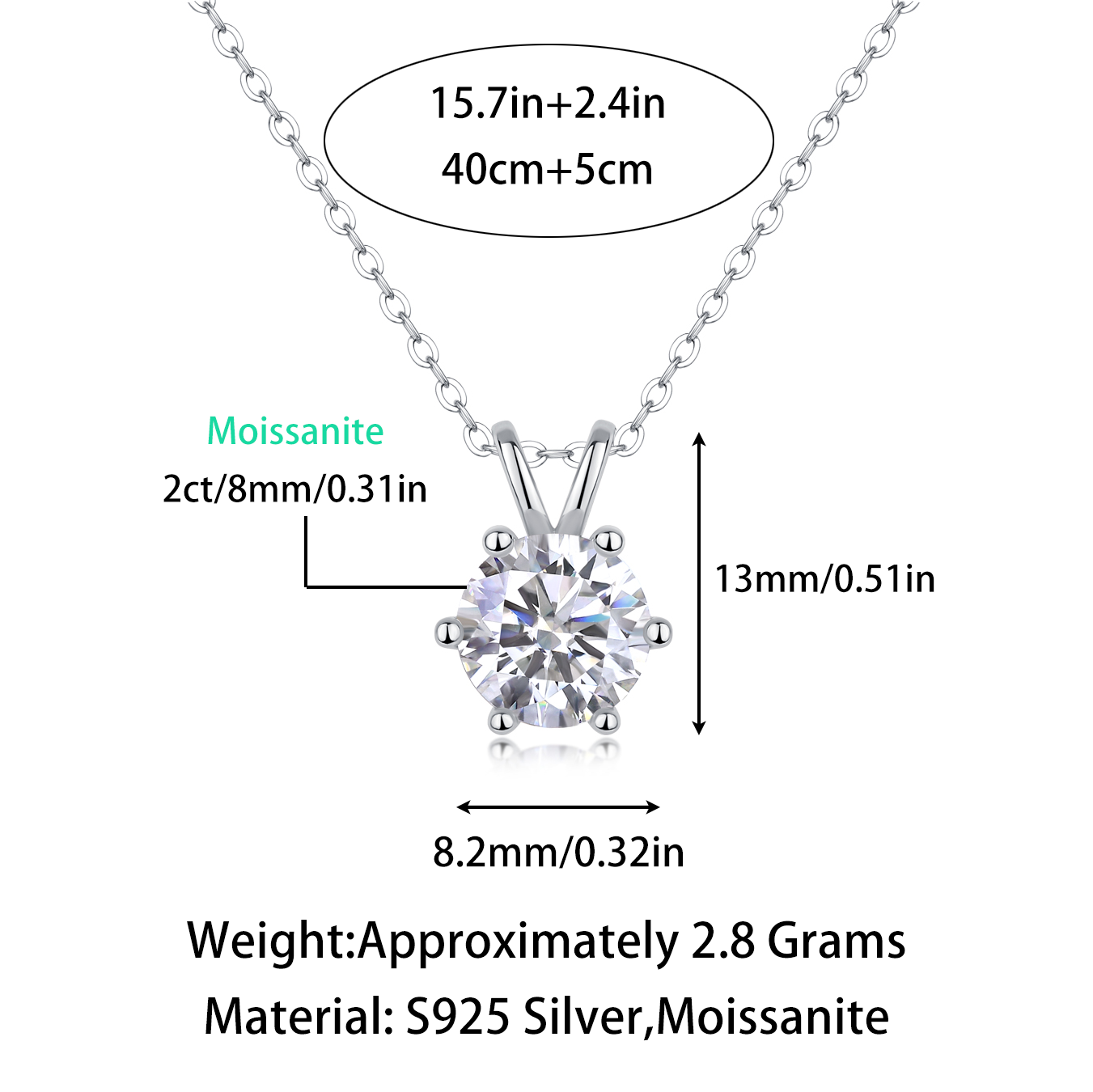 Women Luxury Necklace Moissanite Diamond 925 Sterling Silver Pendant Necklace Six Prong Setting Classic Women Silver Necklace