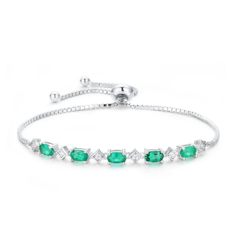Women Bracelet S925 Sterling Silver Cubic Zirconia and Gemstone Adjustable Birthstone Lab Grown Emeralds Bracelet