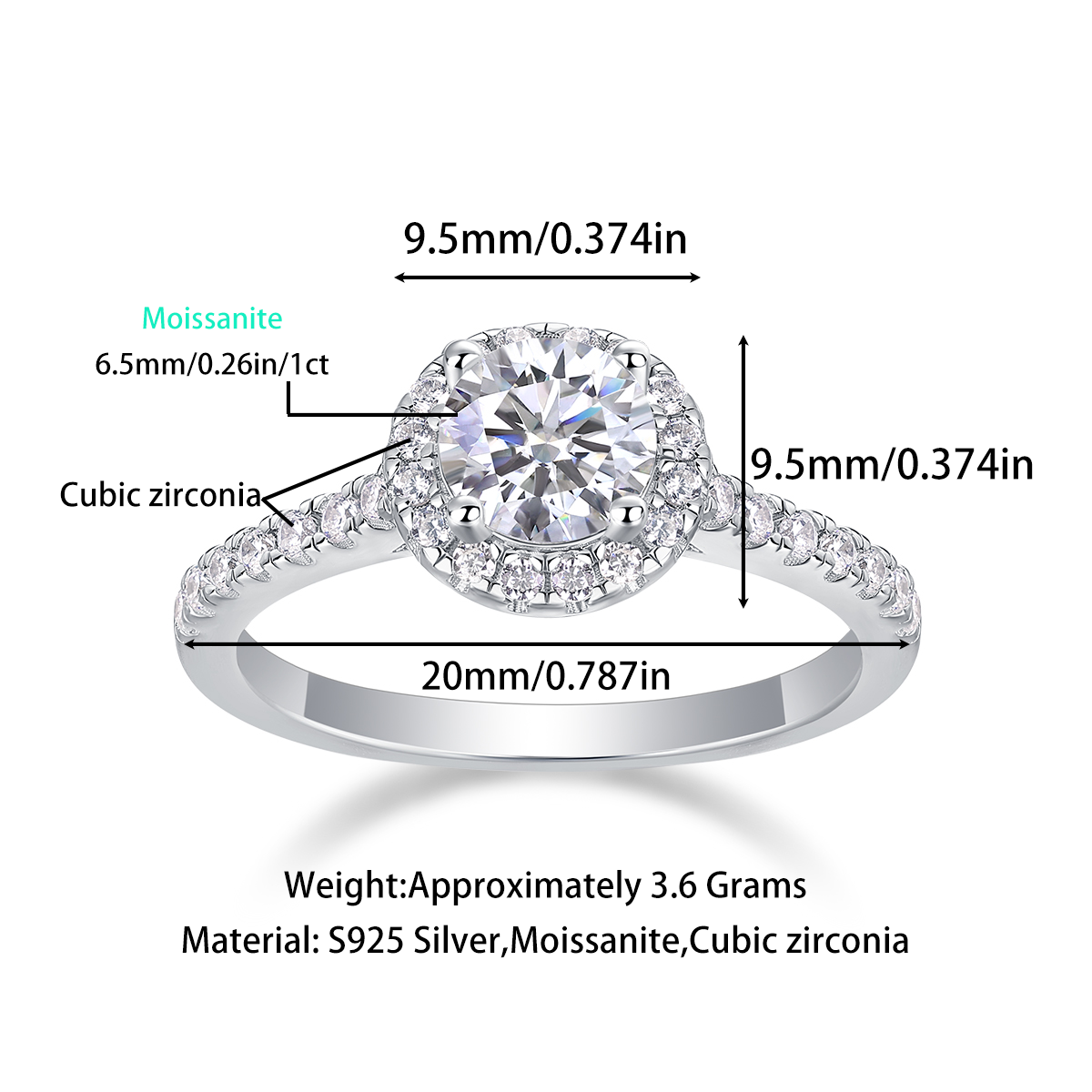 Women Luxury Ring Large Moissanite Diamond Ring 925 Sterling Silver Ring Rhodium Plated Women Engagement Ring