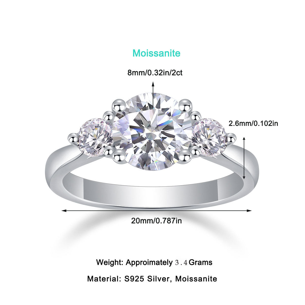 Women Luxury Ring Moissanite Large Diamond Ring 925 Sterling Silver Classic Three-Stone Fashion Women Engagement Ring
