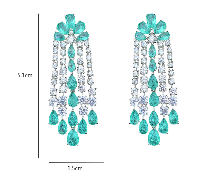 Women Fashionable Earrings Green Diamond Flower Earrings Elegant Long Tassel Silver Needle Women Fashionable Earrings