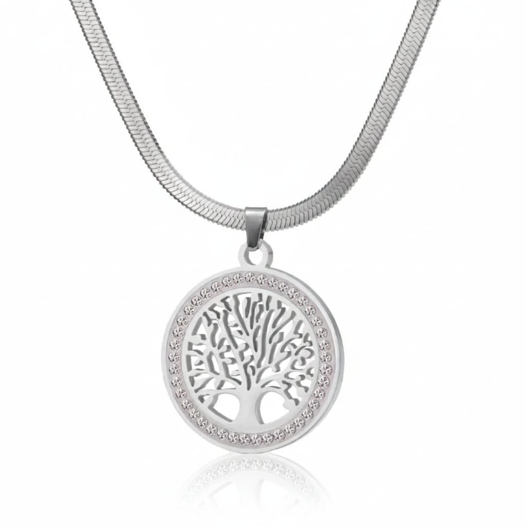 Women Luxury Necklace Tree of Life Stainless Steel Zircon Round Pendant Necklaces Pendant Snake Chain Women Nacklace
