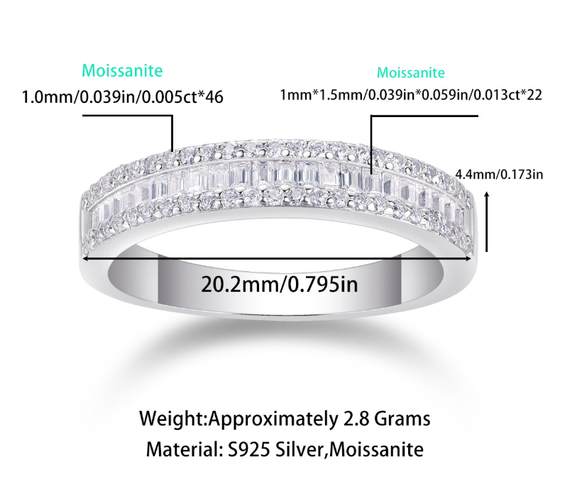 Women Luxury Ring S925 Sterling Silver Inlay Baguette Fine Square Moissanite Diamond White Gold Plated Engagement Ring