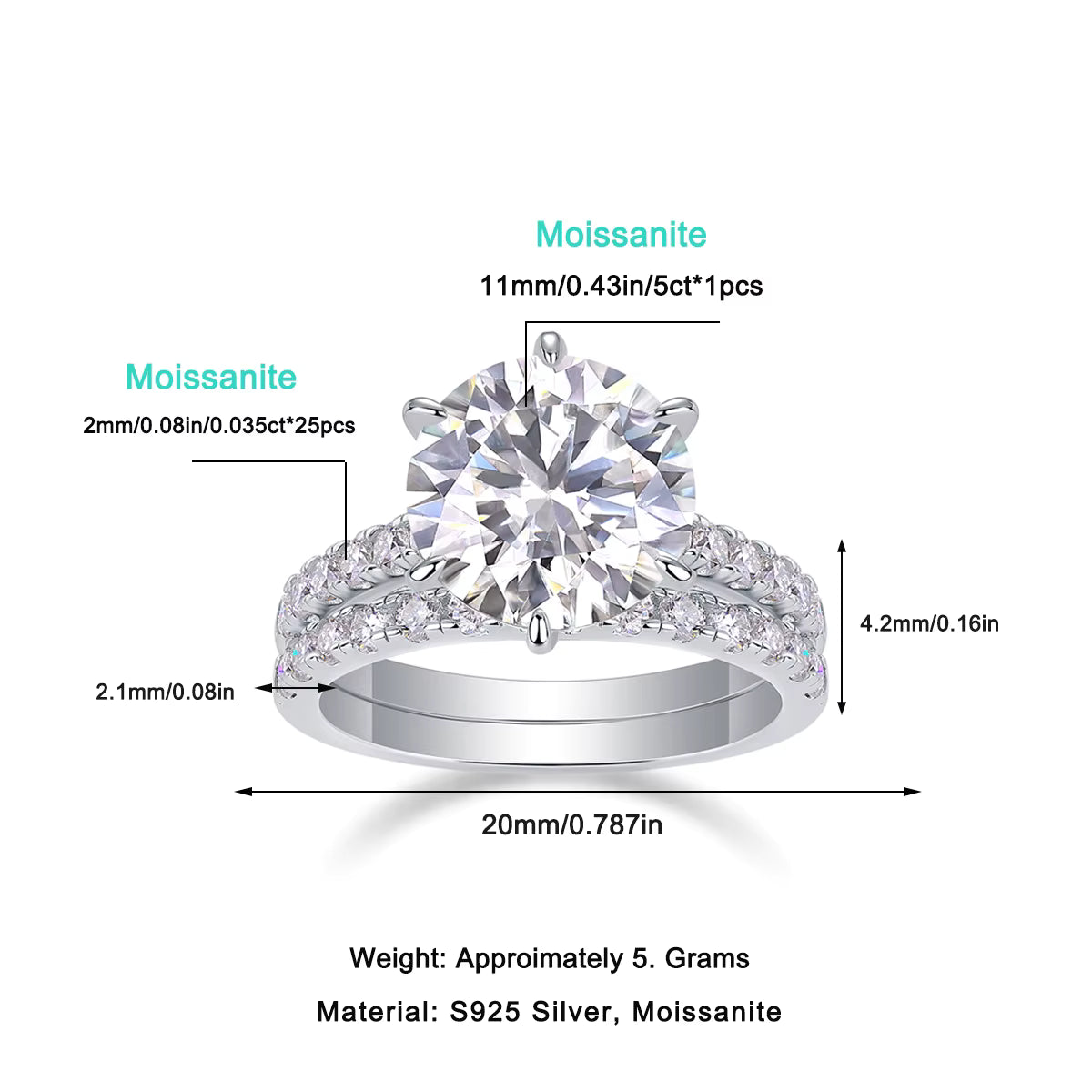 Women's Luxury Ring Moissanite Large Diamond Rings S925 Sterling Silver Rings 18K White Gold Plated Engagement Ring - Acquisti Online