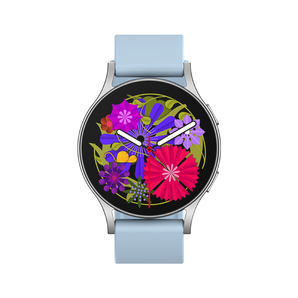 Smartwatch with a floral display and light blue strap on a white background