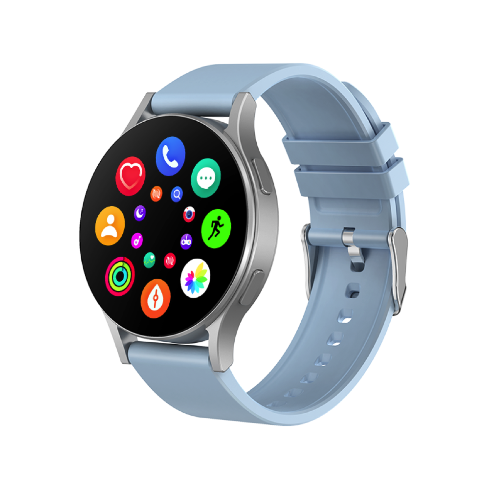 Smartwatch with a light blue strap on a white background
